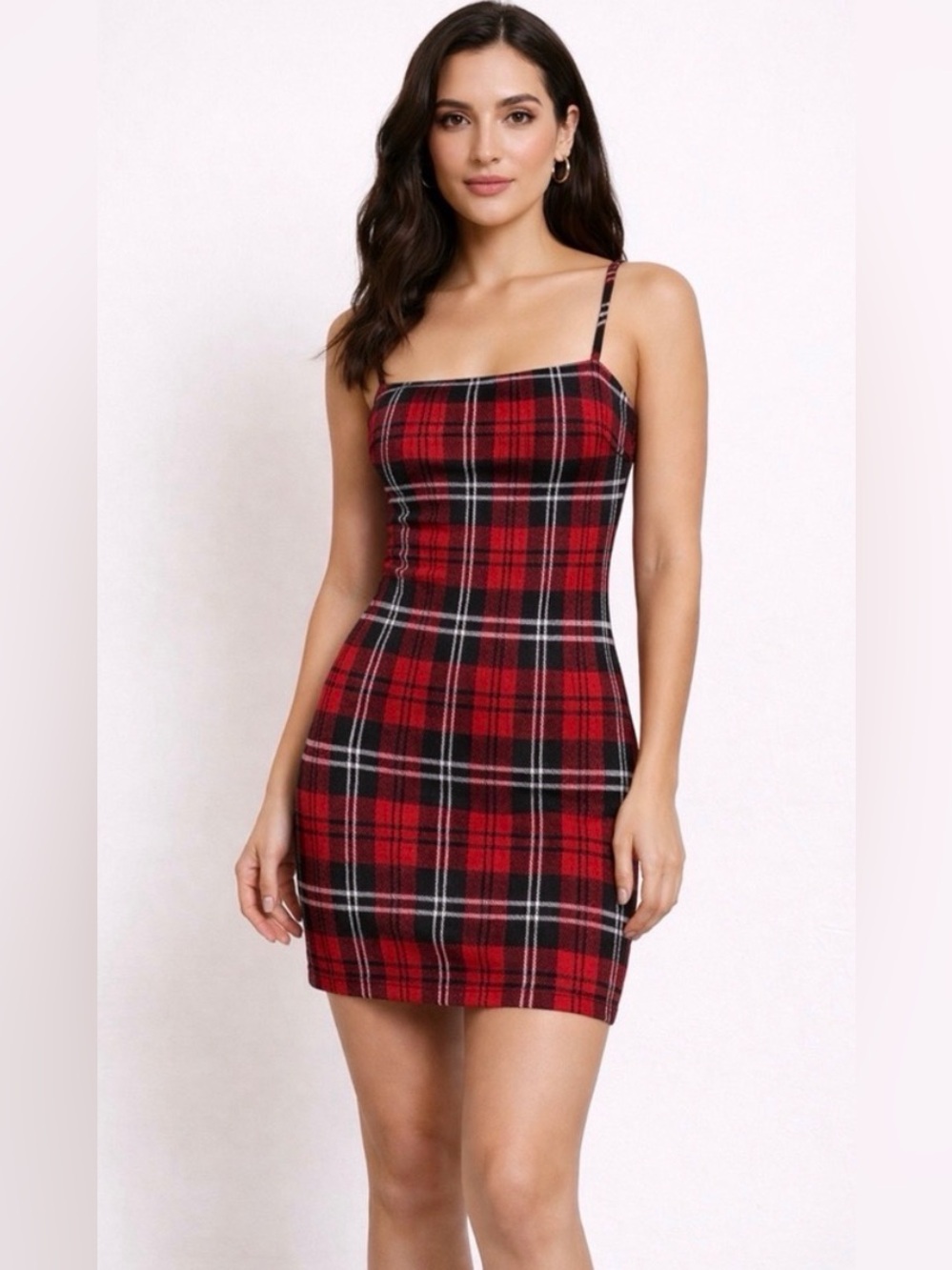 Windsor Red Plaid Bodycon Slip Dress women’s XS /S Spaghetti Strap (E33)✨